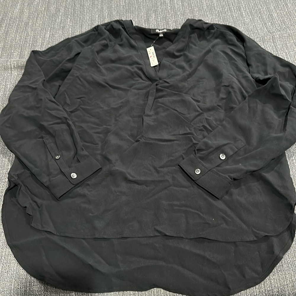 Madewell Womens Long Sleeve Hi-Low Sandwashed Popover Top Black NWT